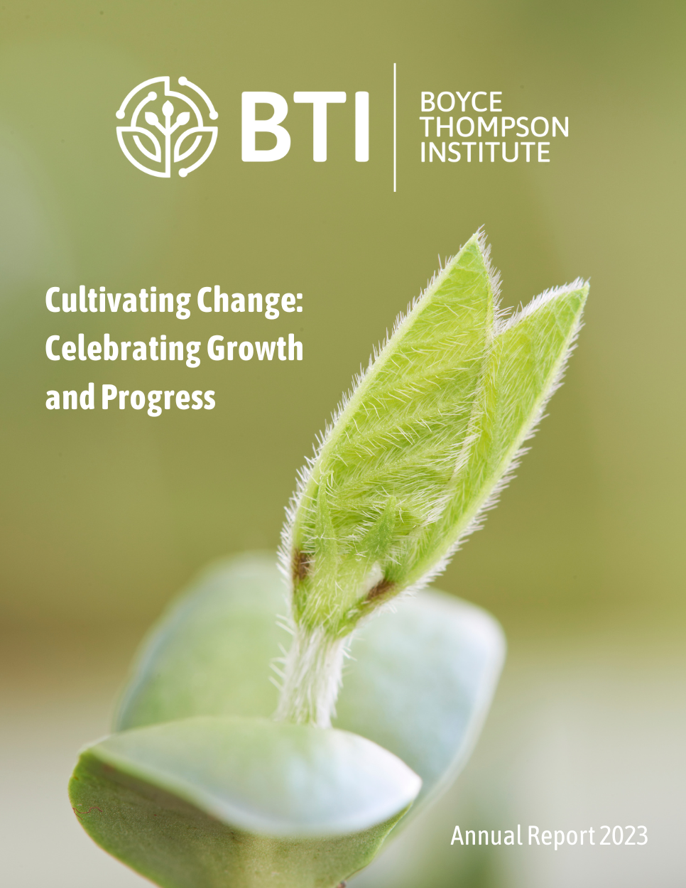 The cover of BTI's 2020 annual report. Betsy Ampofo is sitting cross-legged in a field of tomatoes. She is using tweezers to put a leaf sample into a tube. There is text at the top that says "Inspired by how plants work for humanity." There are some leaf-shaped graphics on the image, with the text "Annual Report 2020", and the BTI logo.