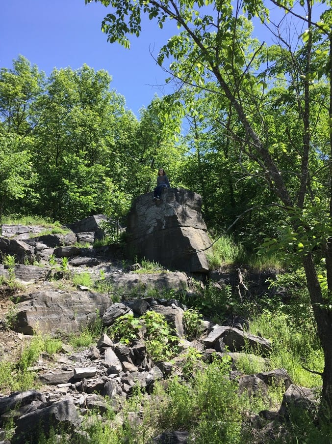A photo of a rocky hillside with trees and grasses. Barely seen in the distance is Emily Humphreys, sitting on a giant rock.