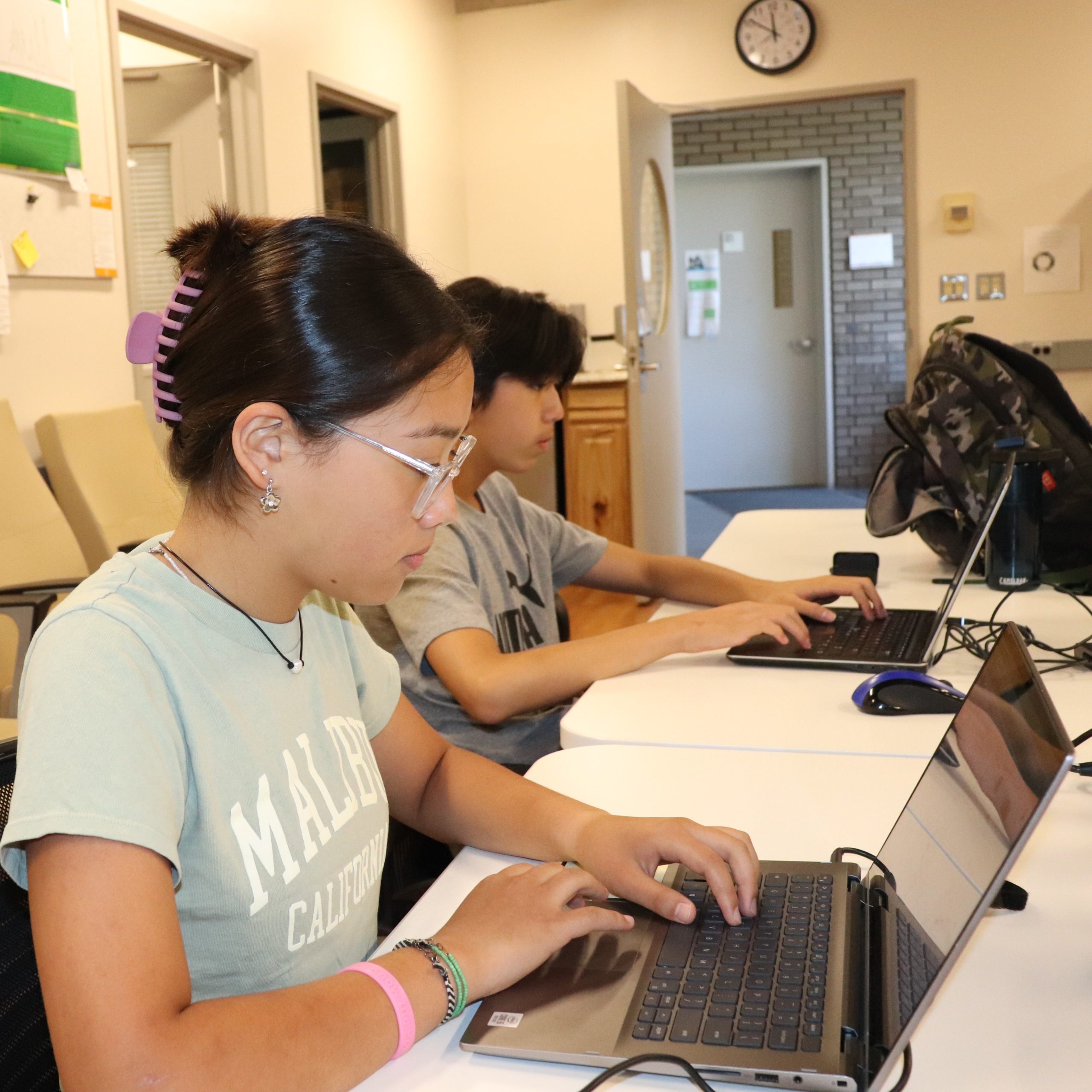 Ethan Yan and Rachel Tay working on computers