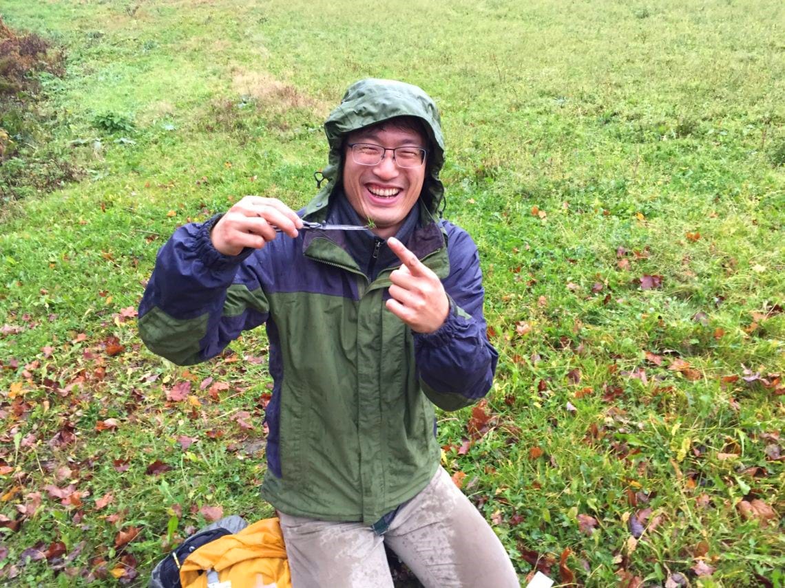 BTI faculty member Fay-Wei Li collects a hornwort specimen in Tompkins County, New York.