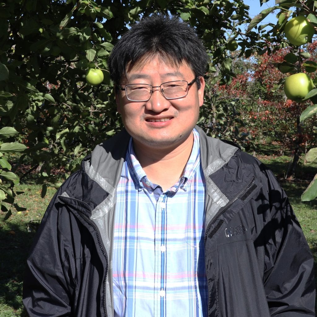 Medium close-up shot of Zhangjun Fei standing under an apple tree, facing the camera