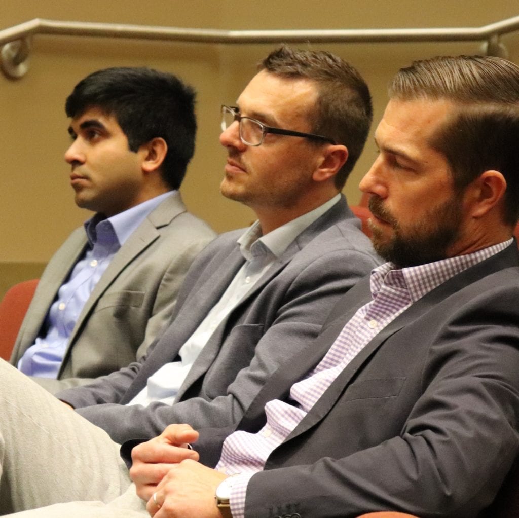 The winners of BTI’s 2019 Alumni Recognition Awards, Parag Mahanti, Martin de Vos and Jesse Munkvold (left to right), at the awards ceremony in the BTI Auditorium.