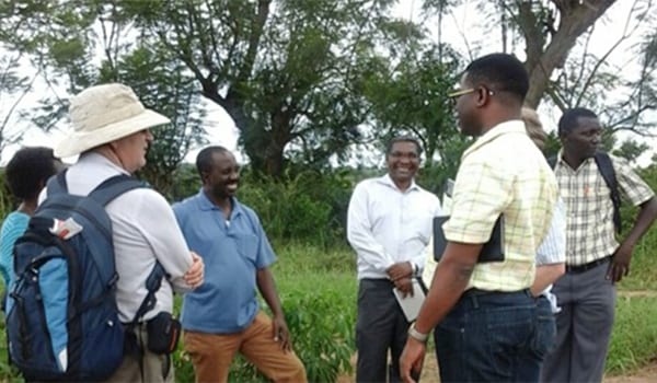 Members of the Next Generation Cassava Breeding team visit cassava trials at LZARDI in Tanzania. (l-r) Peter Kulakow (IITA), Kiddo Mtunda (Tanzania), Heneriko Kulembeka (LZARDI), Geoffrey Mkamilo (Tanzania), Kasele Salum (LZARDI), Jean-Luc Jannink (breeder from USDA-ARS) and Chiedozie Egesi (project manager, Cornell University).