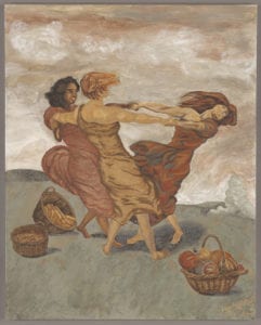 Soil painting featuring 3 women dancing