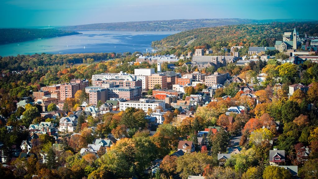 Photo of Ithaca, NY from an aerial view in including Cayuga Lake