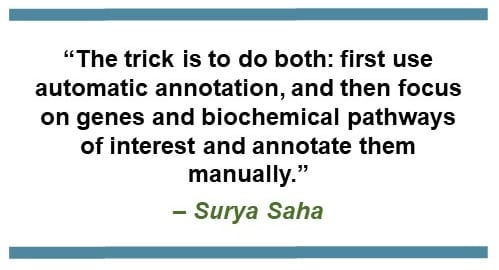 Pullquote: “The trick is to do both: first use automatic annotation, and then focus on genes and biochemical pathways of interest and annotate them manually.” – Surya Saha