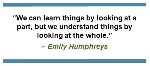 Text saying, "We can learn things by looking at a part, but we understand things by looking at the whole." – Emily Humphreys