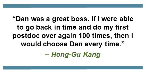 Text that says: “Dan was a great boss. If I were able to go back in time and do my first postdoc over again 100 times, then I would choose Dan every time.” – Hong-Gu Kang