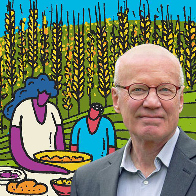 Robert Paarlberg headshot in front of a cartoon image of 2 people sharing food at a table with wheat growing behind them
