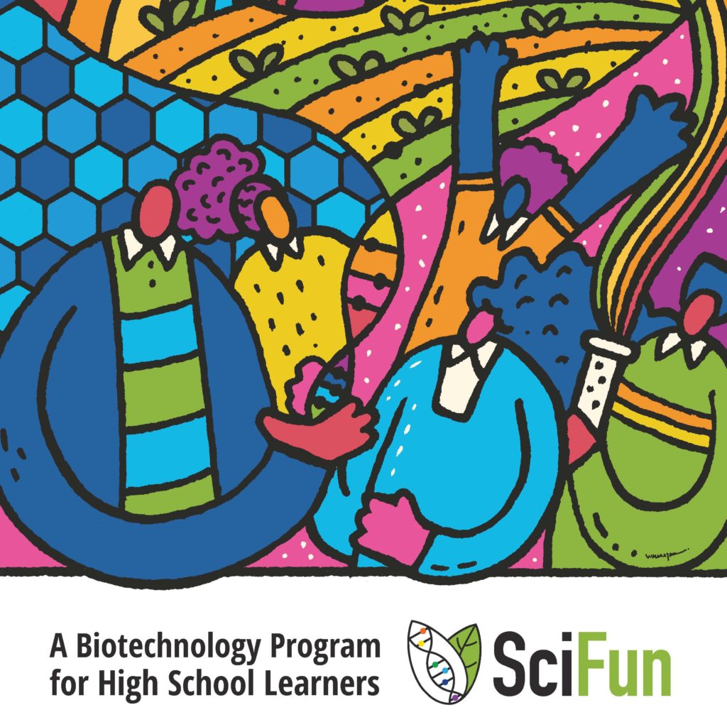 A portion of the cover of the SciFun book, which is a colorful illustration of people in an agricultural field, with the words, "ScuFun A Biotechnology Program for High School Learners."