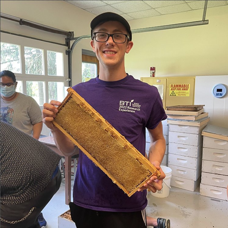 Kobe Phillips stands with a bee frame at the Dyce Lab 