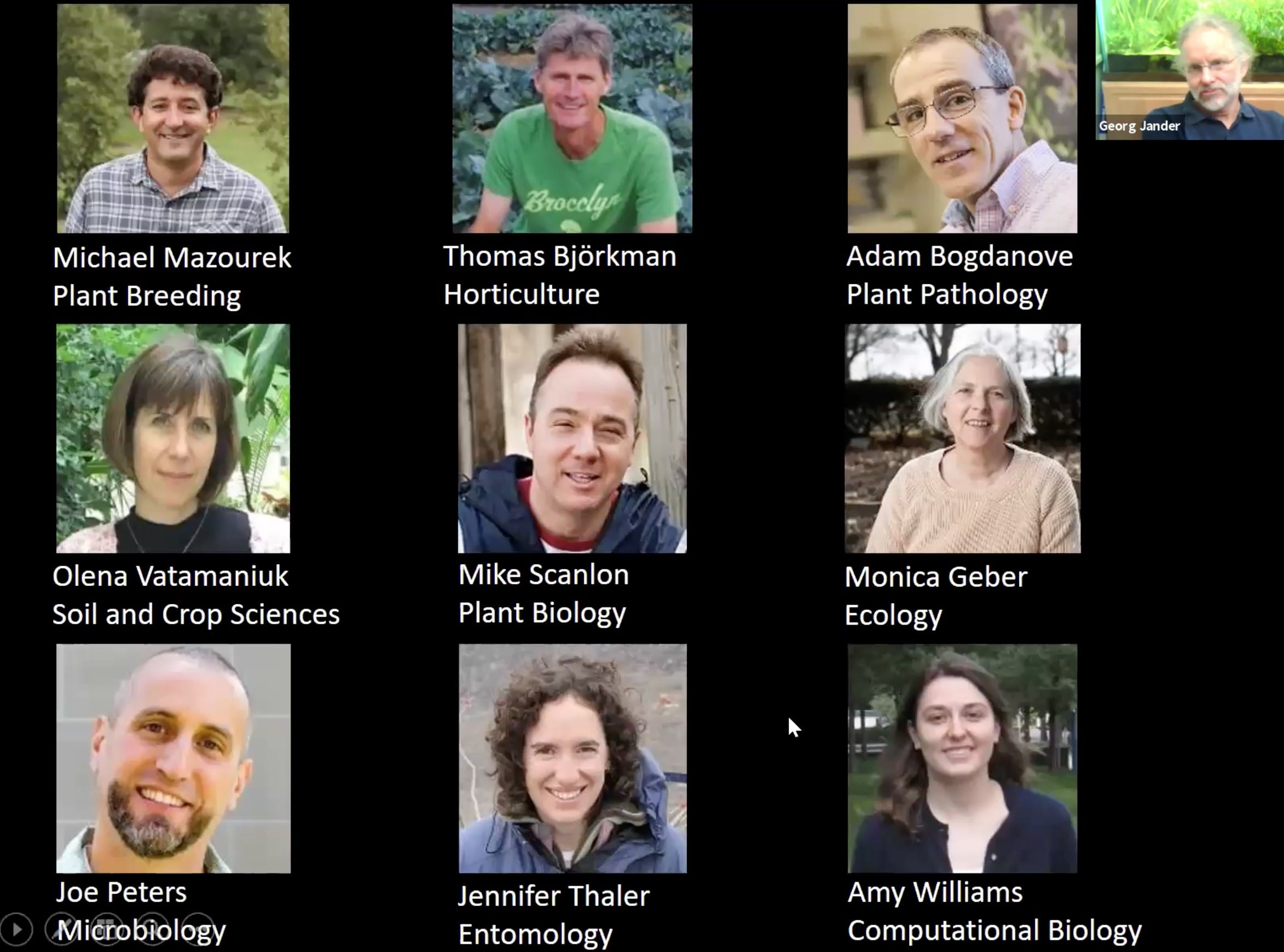A screenshot of a Zoom seminar with representatives from nine departments in Cornell University's School of Integrate Plant Science.