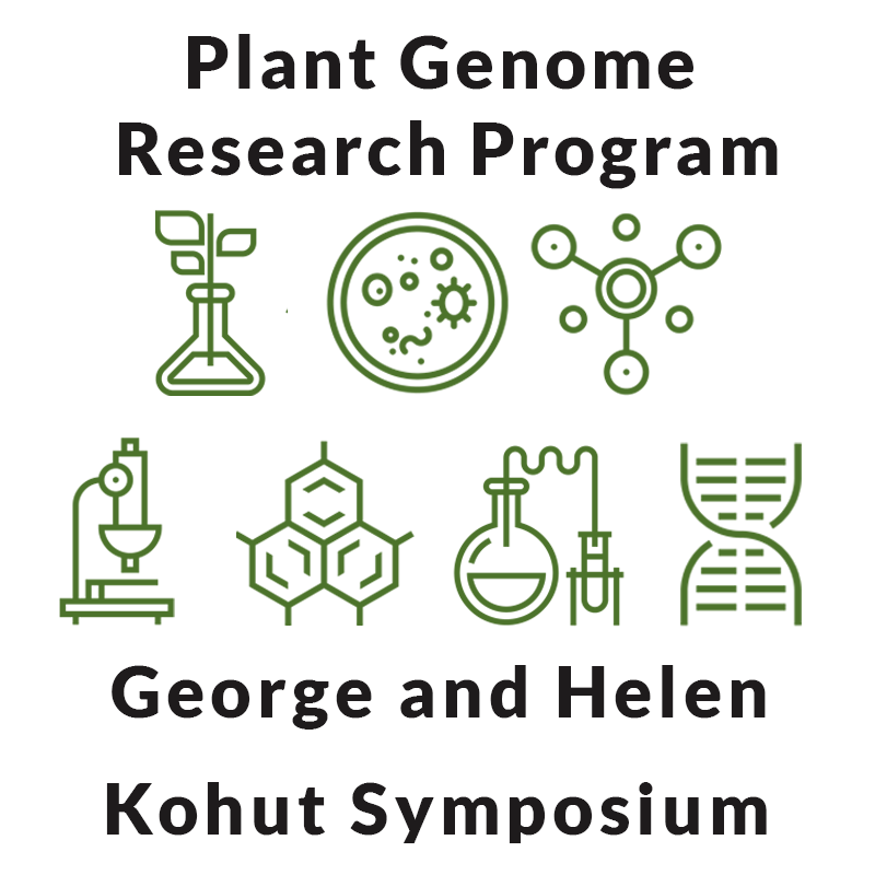 Black text says Plant Genome Research Program, George and Helen Kohut Symposium. In between the text are green icons of a flask with a plant, cells, a microscope, and DNA