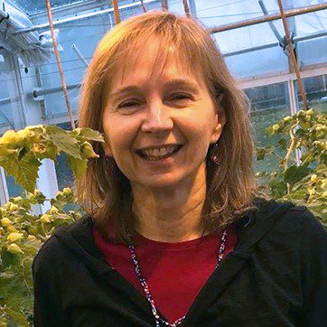 A closeup photo of Joyce Van Eck in a greenhouse, surrounded by groundcherry plants. She is smiling, wearing a red shirt, black sweater, and a purple and white necklace. The plants are laden with fruit.